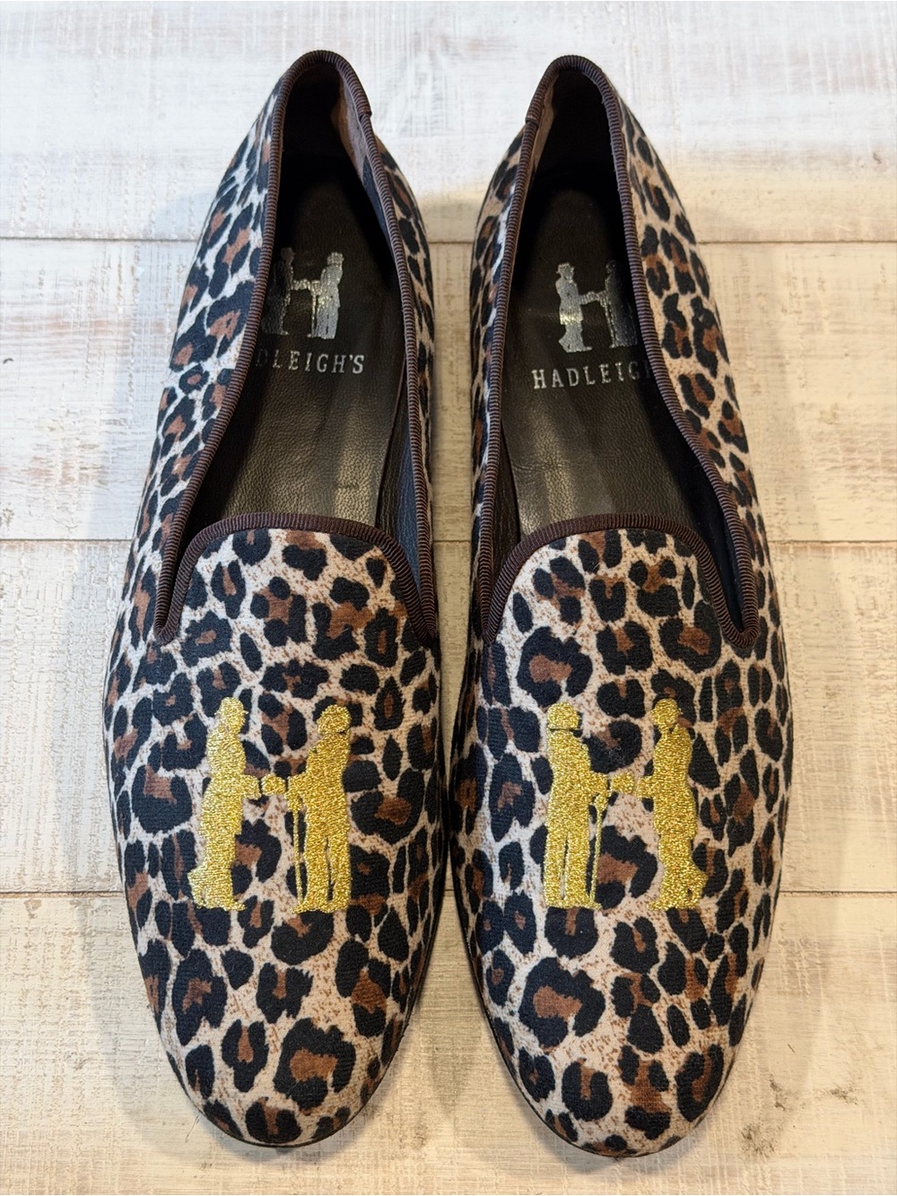 Hadleigh’s Leopard Cheetah Smoking Loafers EU 42 Gold Logo Luxury Slip On